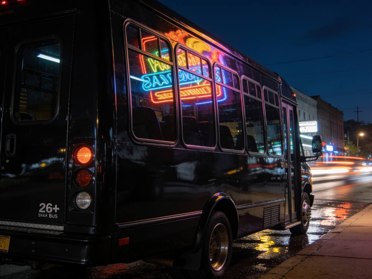Bus exterior with neon reflections