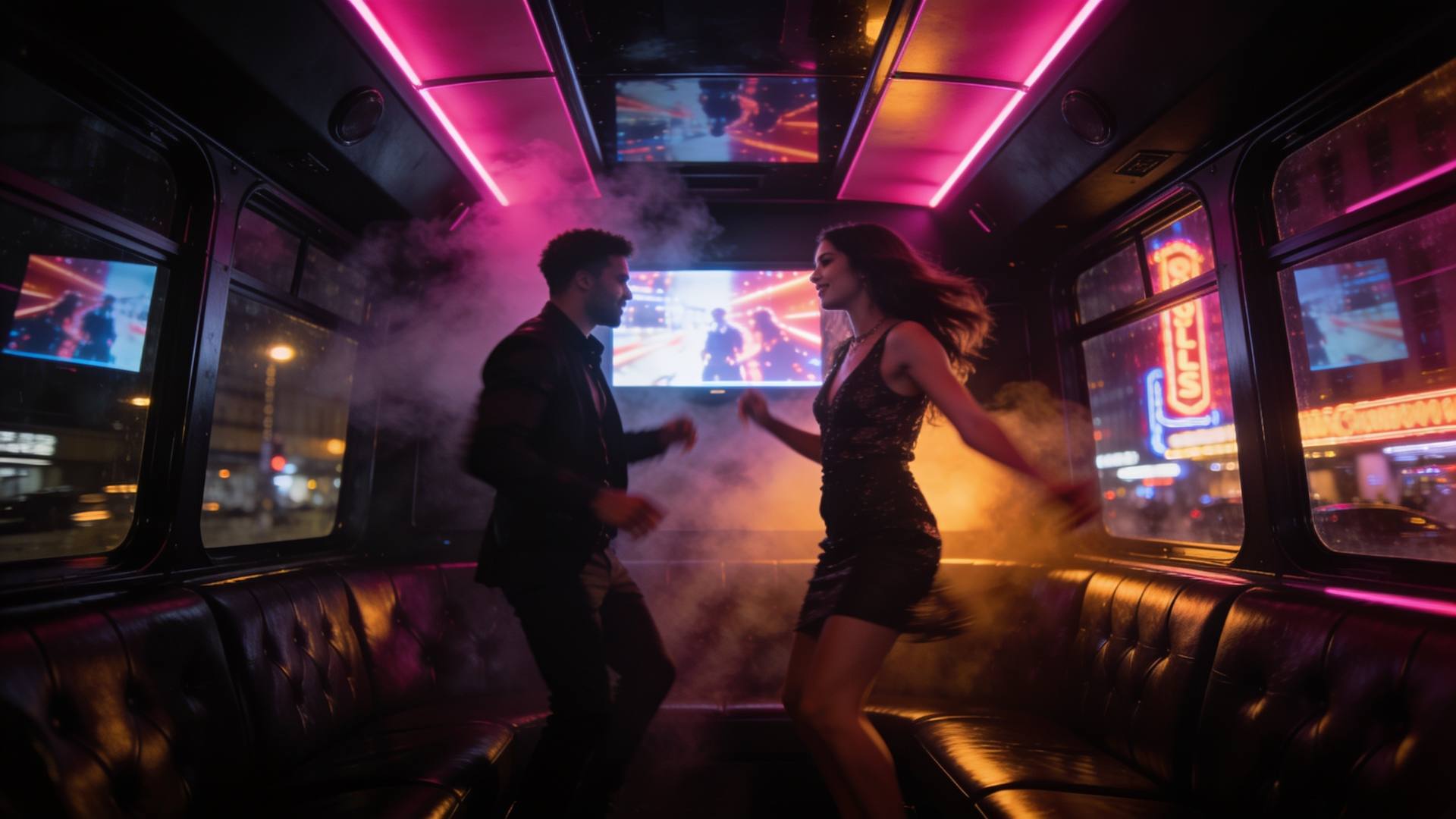 Inside the bus at night