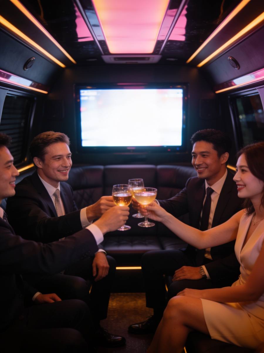 Corporate group toasting onboard